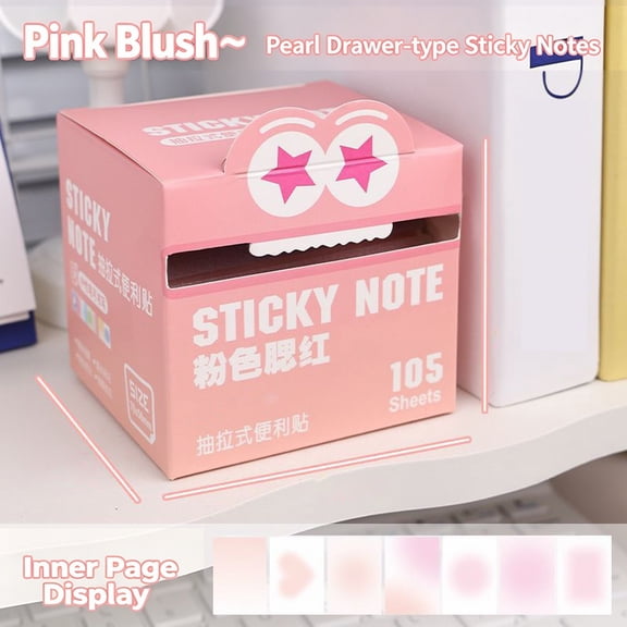 1 Pack 3.15×2.83in Blush Pink Star Eye Pull Style Sticky Note Box, Pearlescent Transparent Highlight Tabs, 105 Sheet Removable Memo Stickers For Planner Decor & Schedule Marking