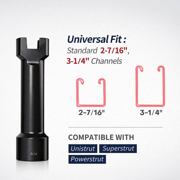 1 Pack 3/4 Inch Strut Socket, 1/2 Inch Drive Socket for 1-5/8, 2-7/16 and 3-1/4 Inch Deep Channels, Cr-Mo Steel, 4-1/4 Inch Length, Black Phosphate