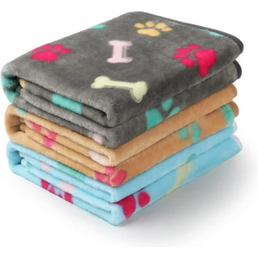1 Pack 3 Blankets Fluffy Premium Fleece Pet Blanket Flannel Paw Bone Printed Throw for Dog Cat(Small 23x16'', Grey/ Brown/ Blue)