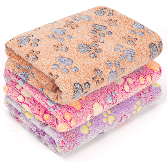 1 Pack 3 Blankets for Dogs, Fluffy Premium Flannel Pet Blanket for Dog Puppy Cat, Paw Print, Soft Warm Sleep, Washable (Large 30x40'', Pink, Brown, Purple)