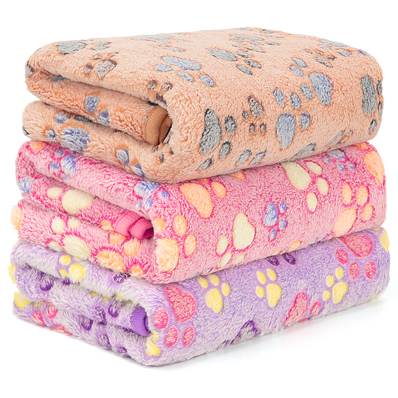 1 Pack 3 Blankets for Dogs, Fluffy Premium Flannel Pet Blanket for Dog Puppy Cat, Paw Print, Soft Warm Sleep, Washable (Medium 20x30'', Brown, Pink, Purple)