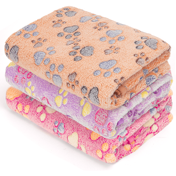 3Pcs Dog Blanket Washable, Super Soft Fluffy Premium Pet Blanket, Cute Paw Print Pet, Throw for Cat Dog Puppy, Gifts Puppy Essentials (20x30'', Brown/Pink/Purple)