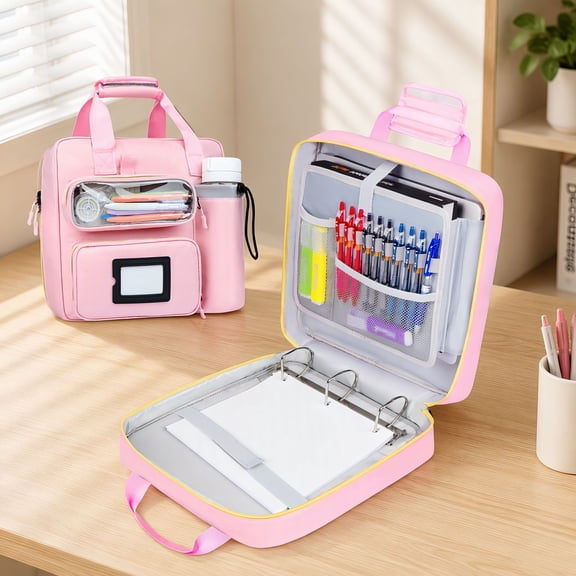 1 Pack 3 Inch D- Zipper Binder Bag, 700 Sheet Capacity Multi-Pocket Organizer, 13 Inch Laptop Carrying Case with Bottle Holder and Shoulder Strap, Pink