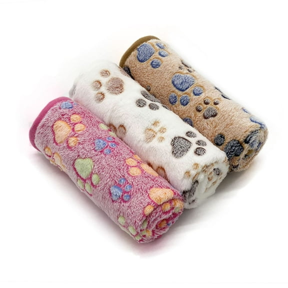 1 Pack 3 Puppy Dog Blankets Super Soft Warm Sleep Mat Fluffy Premium Fleece Pet Blanket Flannel Throw for Dog Puppy Cat - Paw Print Beige/Pink/Brown Small(23"x15")