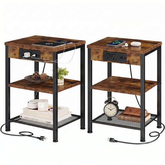 edx 3-Tier Nightstand with Charging Station, Adjustable Height Bedside Table with Storage Shelf, for Bedroom & Living Room, Easy Assembly, 55 LBS Capacity, Rustic Wood