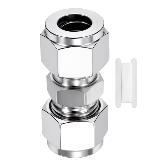 1 Pack 304 Stainless Steel Compression Tube Pipe Fitting, 1/2"ODx1/2" Compression Union Connector, Straight Coupling Adapter W/Double Ferrules and Sealing Tape for Air, Oil