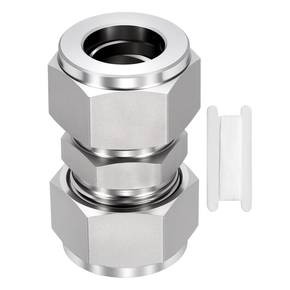 1 Pack 304 Stainless Steel Compression Tube Pipe Fitting, 3/4"ODx3/4" Compression Union Connector, Straight Coupling Adapter W/Double Ferrules and Sealing Tape for Air, Oil