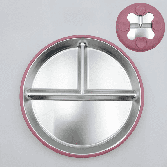 1-Pack 304 Stainless Steel Divided Tray - With Silicone Suction Cup - Detachable - Drop-Proof Tray for Children