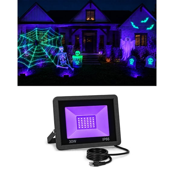 1 pack 30W Blacklight Flood Light for Halloween, LED UV Fluorescent Decor, 120V Wired Waterproof Landscape Lights with Plug for Patio Party Body Paint