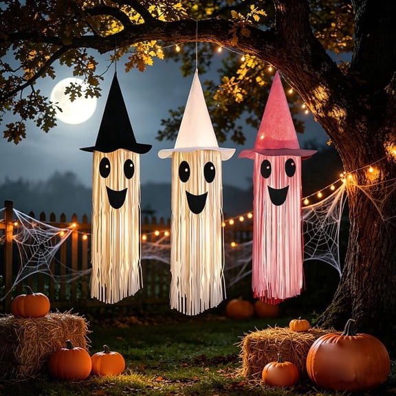 1 Pack 31.5 Inch Halloween Ghost Light Up Hanging Decor Cute Flying Decor, Spooky Cute Ghost with LED Lights