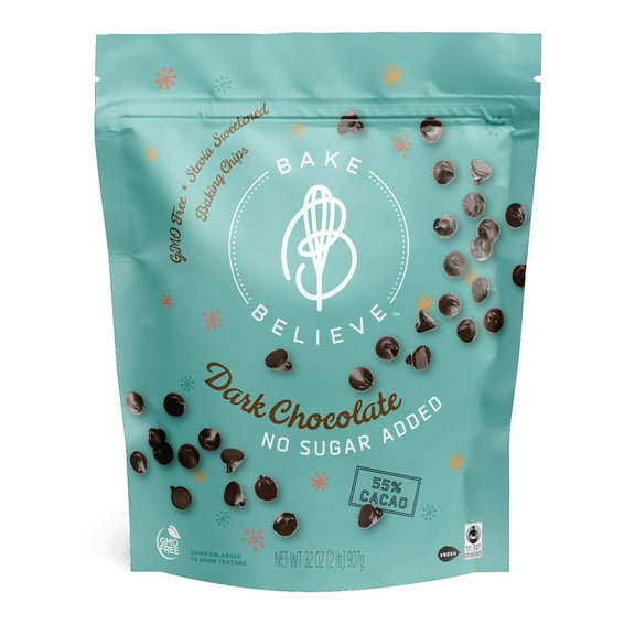 1 Pack (32 oz) Bake Believe Dark Chocolate Chips No Sugar Added, Stevia-Sweetened, Fair Trade