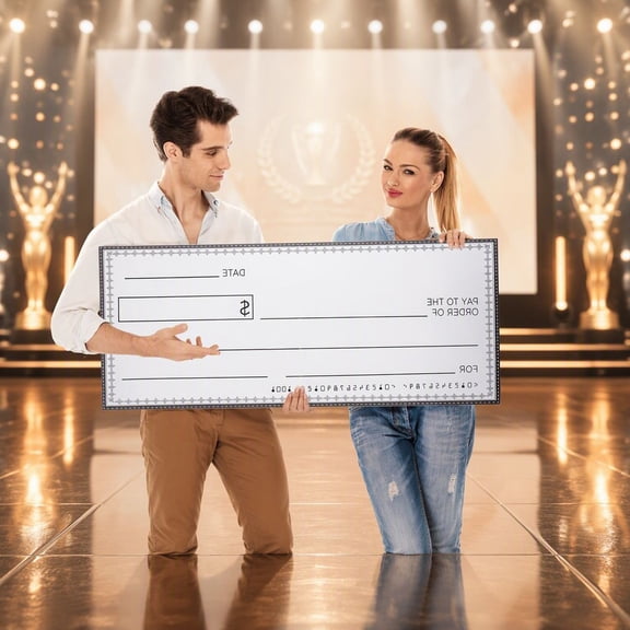 1 Pack 33 x 14 Inch Large Oversized Check for Award Presentations, Reusable Collapsible Hard PP Plastic Board with Dry Erase Marker and Adhesive Strips