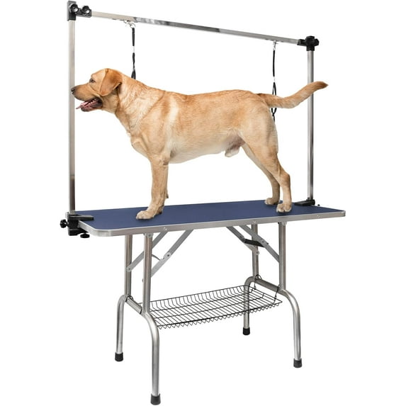 1-Pack 36-Inch Foldable Dog Grooming Table for Home Bathing – Black Metal with Adjustable Arm/Noose/Tray