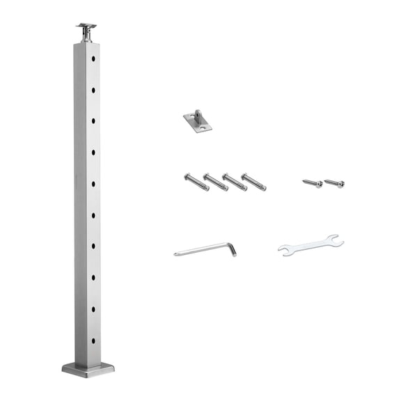 1 Pack 36" x 2" x 2" Horizontal Pre-Drilled Stainless Steel Cable Railing Post, Deck Baluster with Horizontal & Curved Mount Brackets, Silver Finish