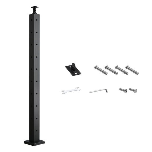 1 Pack 36" x 2" x 2" L-Shaped Corner Stainless Steel Cable Railing Post, Pre-Drilled Baluster with Horizontal & Curved Brackets, Black Coating