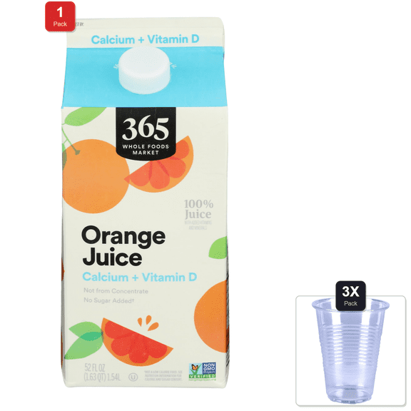 1 Pack | 365 By Whole Foods Market, Orange Juice With Calcium And Vitamin D, 52 Fl Oz & 3x Disposable Cup