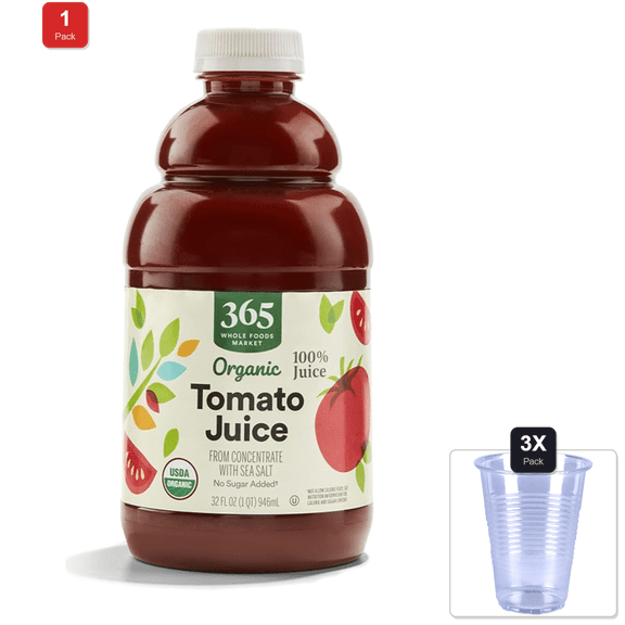 1 Pack | 365 By Whole Foods Market, Organic 100% Juice, Tomato, 32 Fl Oz & 3x Disposable Cup