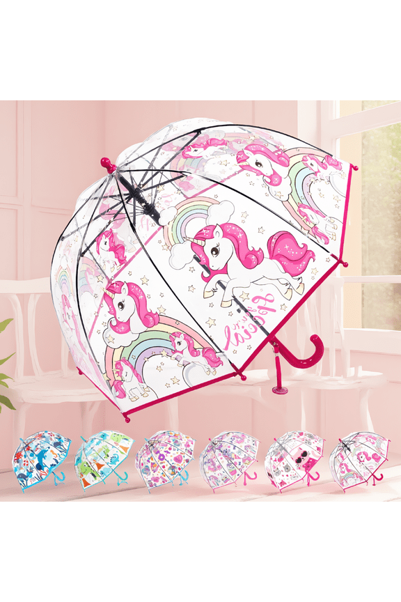 1 Pack 39in Clear Bubble Umbrella, Transparent Auto Open Rain Umbrella, Easy-Grip Handle, Pinch-Proof for Girls 3-10