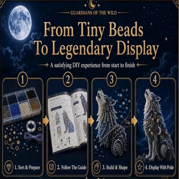 1 Pack 3D Beaded Kit, Enchant The Night Night Wolf DIY Bead Craft Set, Moon Star Accent 3D Wolf Figurine Making Kit, Screen-Free Creative Art Craft for Beginners