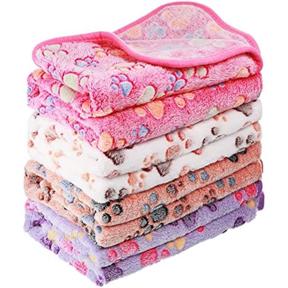 1 Pack 4 Blankets Super Soft Fluffy Premium Fleece Pet Blanket Flannel Throw for Dog Puppy Cat Paw White, Coffee, Pink, Purple(30 x 20.5 Inch)