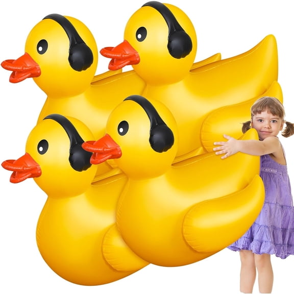 1 Pack 4 Feet Giant Inflatable Duck with Earphone Pool Float Huge Funny Rubber Duck Large Blow up Inflatable Floatie for Summer Beach Swimming Pool Decoration