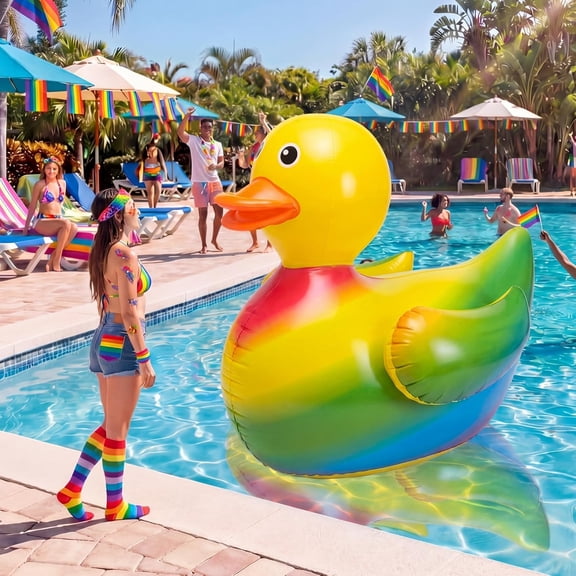 1 Pack 4 Ft Rainbow Pool Float Inflatable Pride Duck for Gay Party, Giant Rubber Duck for Parade LGBT Month Pool & Beach Decoration, Summer Fun
