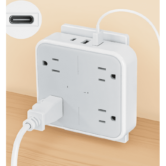 1-Pack 4-Outlet Wall Plug Extender with 3 USB Ports (1 USB-C), Outlet Splitter for Home, Travel, Dorm Room