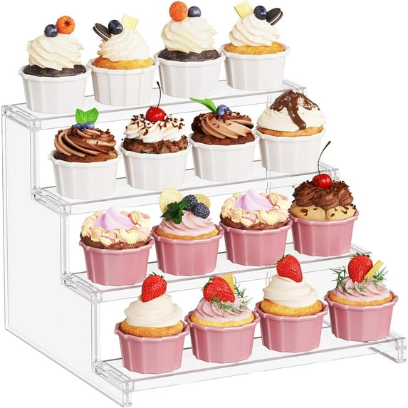 1 Pack 4 Tier Clear Display Stand Risers, 12 Inch Display Shelf for Cupcake, Perfumes, Desserts, Figurines, Tool-free Assembly, Organizer and Decor for Bedroom, Bathroom, Party