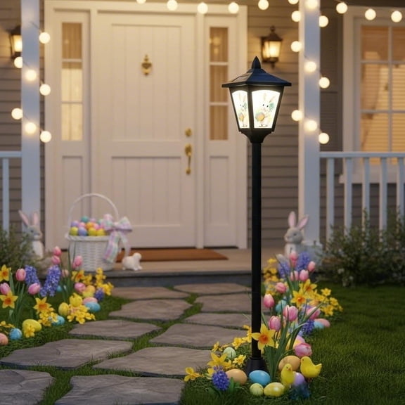 1 Pack 40" Solar Lamp Post Light with Removable Easter Bunny Design Panel, Waterproof LED Pathway Light Cool White, Glass & ABS Stake Light Auto for Yard Patio Garden Easter Spring (Style A)