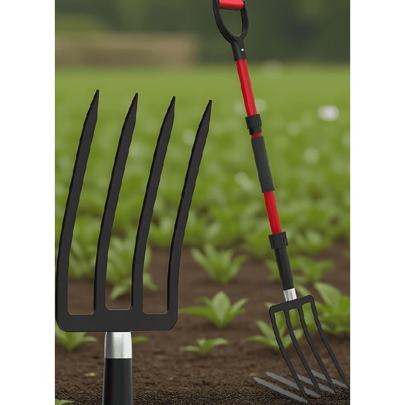 1 Pack 44-Inch Garden Pitchfork, 4-Tine Steel Head with Fiberglass Handle, Digging for Mulch, Compost, Red