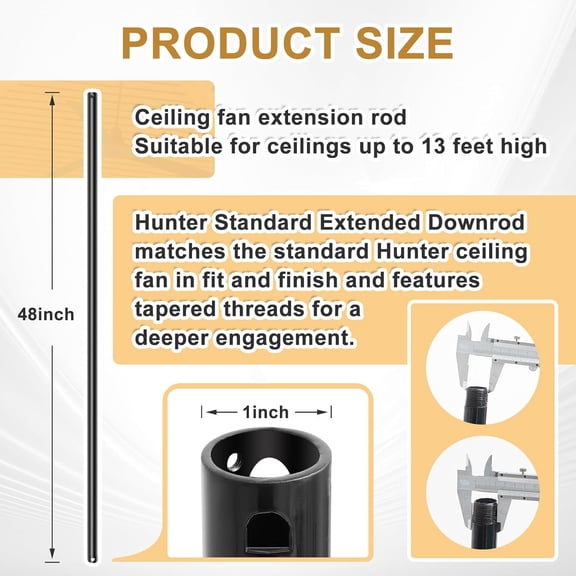 1 Pack 48 Inch Ceiling Fan Downrod Extension Rod Company, 25148 Ceiling Fan Downrod Extension Rod, Specialty Black Drop Bar, Metal Durable Threaded