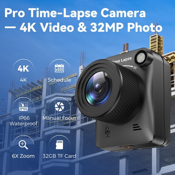 1 Pack 4K Lapse Camera, Outdoor Waterproof Timelapse Camera with IP66 Rated Housing, 6 Month Life, Includes 32GB TF Card, for Construction, Weather, Plant Recording