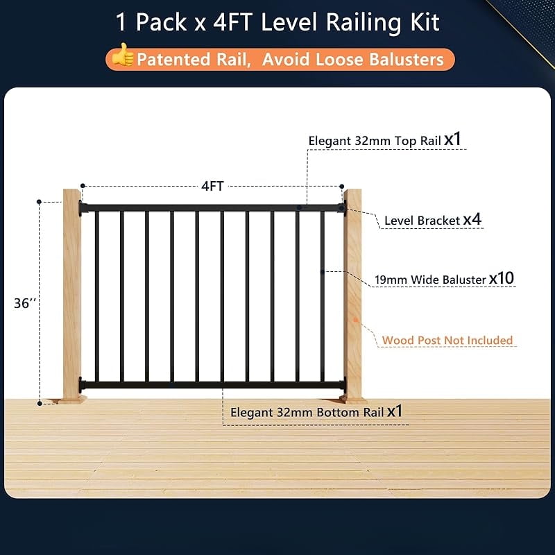 1 Pack 4ft x 36in Aluminum Deck Railing Kits for Stairs, Textured Matte ...