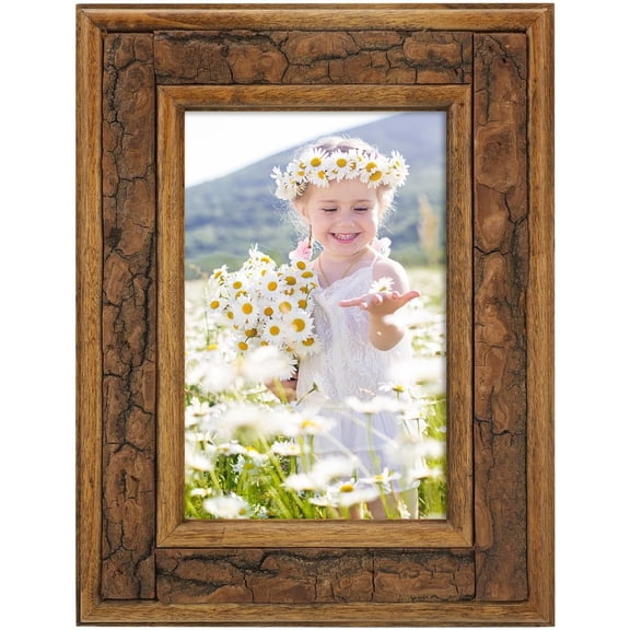 1 Pack 4x6 Picture Frame with Real Bark Surface&Clear Real Glass Cover .Solid  Photo Frame for Wall and Tabletop Display and Vertical or Horizontal Display. Brown