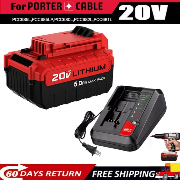 1-Pack 5.0Ah 20V Lithium Battery PCC685L and PCC692L Battery Charger Kit Compatible with Porter-Cable