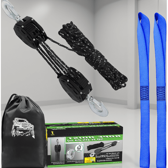 1-Pack 50 ft Block and Tackle Pulley Hoist System, 1000 lb Capacity, 5:1 Ratio, Reflective Rope, Includes 2 x 18-Inch Soft Loops