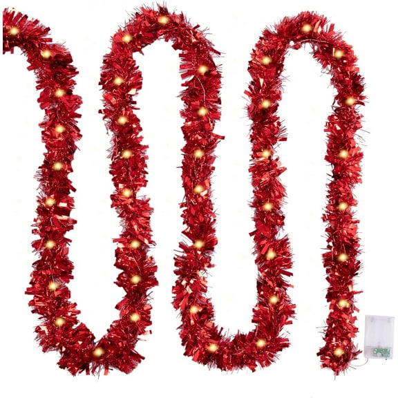 1 Pack 6.6 Ft Prelit Christmas Tinsel Garland, Red Metallic Garland with Warm Lights, Lighted Garland for Indoor Outdoor Xmas Tree Decoration, Holiday Party Supplies