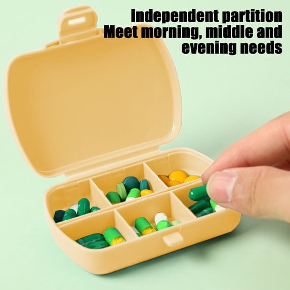 1 Pack 6 Compartment Small Pill Box, Moisture Proof Pill Case, Travel Pill Organizer for Pocket Purse, Daily Portable Medicine Vitamin Box, Fish Oil Box, Supplement Box, Yellow