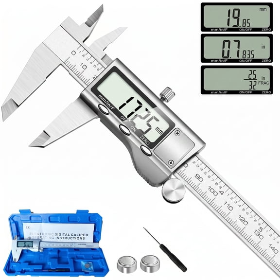 1-Pack 6 Inch Digital Caliper, Stainless Steel Vernier Caliper with Large LCD Screen, Inch/MM/Fraction Modes, 4 Measurement Functions