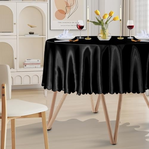 1 Pack 60 Inch Round Satin Tablecloth Black Satin Table Cover, Overlay Silky Tablecloth Dining Table Cloths for Wedding, Party, Banquet, Events, Reception, Dinner