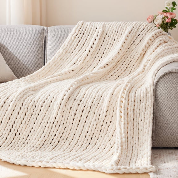 1 Pack 60"x80" Chunky Knit Throw Blanket, Chenille Yarn Cable Knit, Machine Washable, Cream White