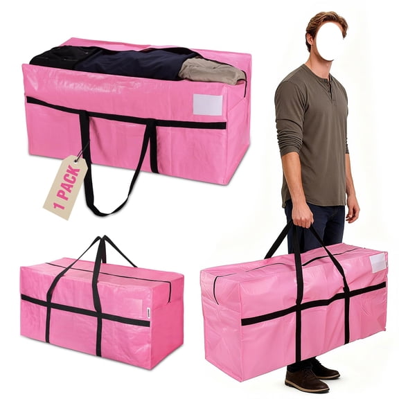 1-Pack 66 Gallon Extra Large Moving Bags with Zippers & Carry Handles, Heavy-Duty Storage Totes, 45" x 16" x 22", Holds Up to 110 lbs, for Moving, Dorm Move-In & Storage Organization, Pink