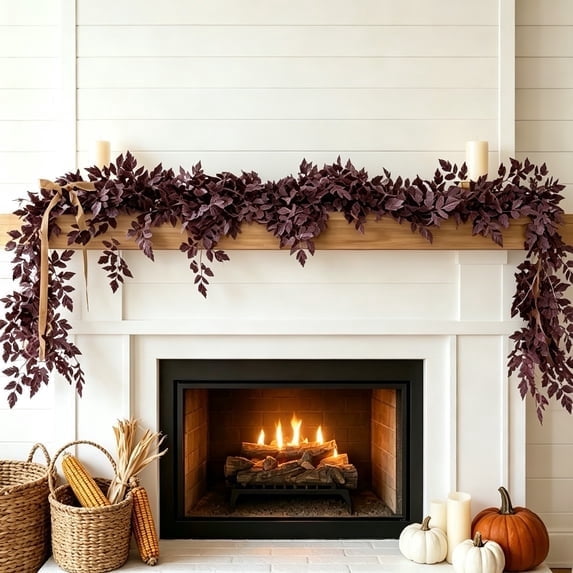 1 Pack 6FT Dark Plum Artificial Autumn Leaf Garland Fall Vine Garland Flexible Wired Branches Harvest Table Decor for Mantel Fireplace Halloween Thanksgiving Home Decor