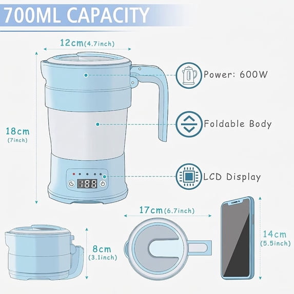 1 Pack 700ML Collapsible Electric Kettle, Travel Foldable Water Heater ...