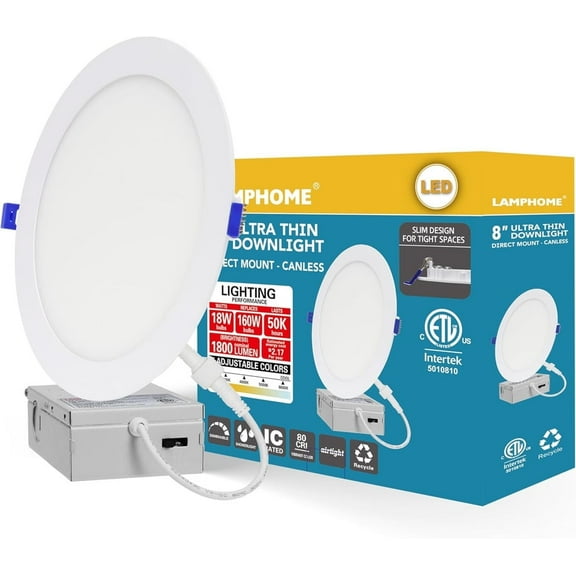 1-Pack of 8-Inch Slim LED Recessed Lights with Junction Box, Adjustable Color Temperatures (2700K-5000K), 18W Equivalent to 125W, Dimmable, 1600LM Brightness - ETL and Energy Star Certified