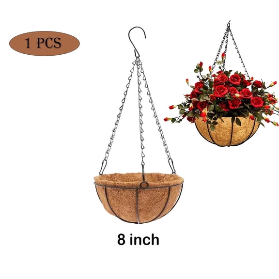 1 Pack 8 Inches Metal Hanging Planter Basket with Coco Fiber Liner, Round Wire Plant Holder with Hanging Chain for Hanging Plant and Flower