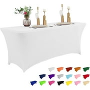 Parojati 1 Pack 8FT Table Cloth for Rectangular Fitted Events Stretch Pink Table Covers Washable Spandex Tablecloth Protector for Party, Wedding, Cocktail, Banquet, Festival White