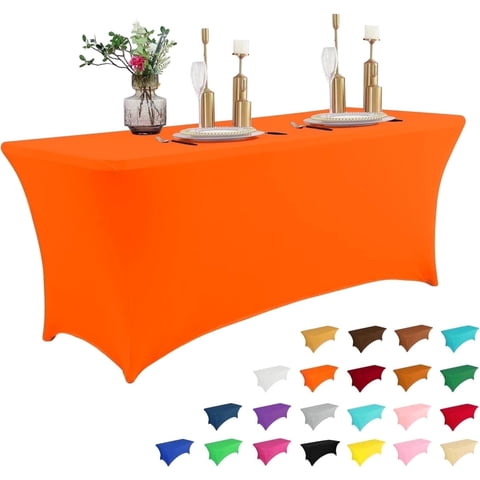 Parojati 1 Pack 8FT Table Cloth for Rectangular Fitted Events Stretch Pink Table Covers Washable Spandex Tablecloth Protector for Party, Wedding, Cocktail, Banquet, Festival Orange