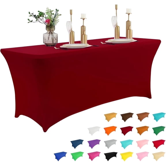 Parojati 1 Pack 8FT Stretch Washable Spandex Table Cover for Rectangular Tables for Party、 Wedding、Cocktail、Banquet, Burgundy