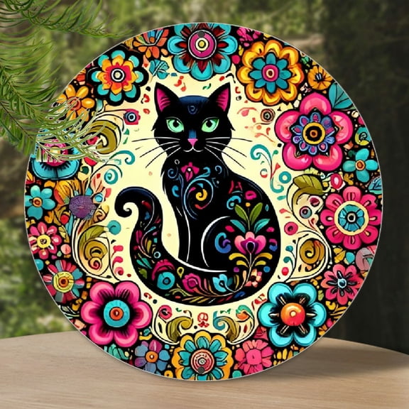 1-Pack 8x8 Inch Round Metal Sign - Beautiful Cat & Floral Wreath Sign Wall Decor for Home, Cafe, Office, Garden, Restaurant - Gift-Ready Mexican Day of the Dead Themed Artwork